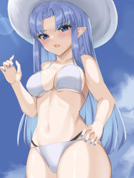 Rule 34 | 1girl, 72 (mmmmkk), bare shoulders, bikini, black panties, blue eyes, blue hair, blue nails, blue sky, blush, braid, breasts, cloud, collarbone, commentary request, cowboy shot, fate/grand order, fate/stay night, fate (series), from below, hand on own hip, hand up, hat, highres, long hair, looking at viewer, medea (fate), medium breasts, nail polish, navel, open mouth, panties, pointy ears, side braid, sky, solo, stomach, sun hat, sunlight, swimsuit, underwear, white bikini, white hat