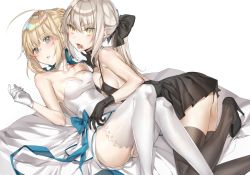 Rule 34 | 2girls, alternate costume, artoria pendragon (all), artoria pendragon (fate), bad id, bad pixiv id, bare shoulders, black bow, black dress, black footwear, black gloves, black legwear, blonde hair, blood, blue eyes, bow, breasts, brown hair, collarbone, commentary, dore (gilles dore), dress, fangs, fate/stay night, fate (series), gloves, hair between eyes, hair bow, high heels, highres, lying, medium breasts, multiple girls, on back, open mouth, panties, parted lips, ponytail, saber (fate), saber alter, simple background, strapless, strapless dress, thighhighs, tongue, tongue out, underwear, white background, white dress, white gloves, white legwear, white panties, yellow eyes