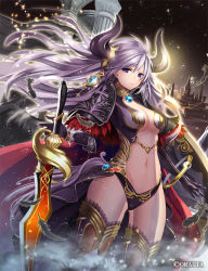 Rule 34 | 1girl, armor, bikini armor, breasts, castle, chaos blade, chaos blade (oratta), cleavage, demon horns, feathers, horn ornament, horns, long hair, looking at viewer, navel, official art, original, purple eyes, purple hair, satan (chaos blade), shoulder armor, solo, standing, sword, thighhighs, weapon, wind, yutakajin