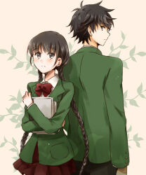 Rule 34 | 1boy, 1girl, back, black eyes, black hair, book, hugging book, bow, bowtie, braid, brown hair, closed mouth, collared shirt, commentary, holding, holding book, leaf, leaning on person, long hair, long sleeves, looking away, hugging object, pleated skirt, rdg red data girl, red bow, red bowtie, red skirt, sagara miyuki, satsu, school uniform, shirt, short hair, side-by-side, skirt, suzuhara izumiko, twin braids, white shirt