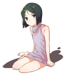 Rule 34 | 1boy, artist request, clothes pull, commentary request, dark green hair, fate/zero, fate (series), furrowed brow, green eyes, green hair, hair between eyes, highres, light blush, looking at viewer, male focus, meme attire, on floor, shirt pull, short hair, sitting, sleeveless, solo, sweatdrop, tagme, trap, virgin killer sweater, waver velvet