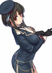 Rule 34 | 10s, 1girl, absurdres, adjusting clothes, adjusting gloves, akasaai, beret, black gloves, black hair, blue jacket, blue skirt, blush, breasts, from above, gloves, hat, highres, jacket, kantai collection, large breasts, lips, long sleeves, looking at viewer, military, military uniform, miniskirt, red eyes, short hair, side slit, skirt, solo, takao (kancolle), uniform