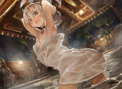 Rule 34 | 1girl, amatsukaze (kancolle), armpits, arms up, ass, bad id, bad pixiv id, bath, bathing, blonde hair, blush, dripping, fang, flat chest, kantai collection, looking at viewer, naked towel, night, onsen, open mouth, outdoors, ph., rock, see-through, see-through silhouette, silver hair, smoke, smokestack, solo, sweat, towel, towel slip, tree, wardrobe malfunction, water, wet