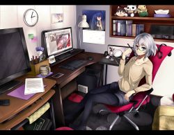 Rule 34 | 1girl, bespectacled, black eyes, black pantyhose, book, braid, brush, calendar (object), casual, cat soup, cellphone, chair, character doll, clock, contemporary, cup, drawing tablet, fashion, female focus, glasses, hakurei reimu, headphones, hinanawi tenshi, holding, izayoi-saki, izayoi sakuya, lamp, letterboxed, mirror, monitor, mouse (computer), no shoes, pantyhose, pen, phone, scissors, shorts, silver hair, sitting, slippers, solo, tablet pc, television, touhou, twin braids, wacom, yukkuri shiteitte ne