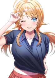 Rule 34 | 1girl, 8n0 g, ahoge, arm up, blonde hair, blue eyes, blurry, blush, bow, breasts, clothes pull, collarbone, grey shirt, hachimiya meguru, hair bow, highres, idolmaster, idolmaster shiny colors, large breasts, long hair, looking at viewer, low twintails, midriff peek, one eye closed, open mouth, plaid, plaid skirt, pleated skirt, red skirt, shirt, shirt pull, short sleeves, simple background, skirt, smile, solo, sweat, twintails, upper body, white background
