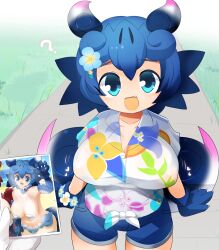 Rule 34 | 1girl, 1other, :d, ?, alternate costume, blue eyes, blue gloves, blue hair, blue shorts, blush, breasts, cleavage, commentary request, covered erect nipples, cowboy shot, curly hair, fang, flower, gloves, grass, hair flower, hair ornament, hair over one eye, hawaiian shirt, highres, holding, holding photo, kemono friends, large breasts, lets0020, looking at viewer, medium bangs, open mouth, path, photo (object), pov, pov hands, road, shiisaa right, shirt, short hair, shorts, smile, solo focus, white gloves, white shirt