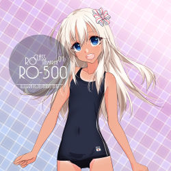 Rule 34 | 1girl, artist name, blonde hair, blue eyes, blue one-piece swimsuit, blue school swimsuit, character name, collarbone, commentary request, cowboy shot, eyes visible through hair, flat chest, gluteal fold, hair between eyes, hair ribbon, inaba shiki, japanese flag, kantai collection, logo, long hair, looking at viewer, old school swimsuit, one-piece swimsuit, open mouth, pink background, plaid, plaid background, ponytail, ribbon, ro-500 (kancolle), round teeth, school swimsuit, simple background, smile, solo, standing, striped clothes, striped one-piece swimsuit, swimsuit, tan, teeth, upper teeth only, vertical-striped clothes, vertical-striped one-piece swimsuit