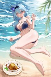 Rule 34 | 1girl, :d, absurdres, ass, bad id, bad mihuashi id, bare arms, bare legs, bare shoulders, barefoot, beach, bikini, black hairband, blue bikini, blue eyes, blue hair, blurry, blush, breasts, collarbone, depth of field, earrings, eula (genshin impact), food, food request, genshin impact, hair ornament, hairband, highres, jewelry, large breasts, long hair, looking at viewer, lying, o-ring, o-ring bikini, ocean, on side, open mouth, pulled by self, smile, solo, stomach, strap pull, stud earrings, swimsuit, thighs, water, yiran