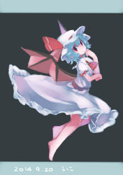 Rule 34 | 1girl, arm ribbon, ascot, barefoot, bat wings, blue hair, bow, dress, frilled dress, frilled skirt, frills, full body, hand on own chin, hat, hat ribbon, highres, letterboxed, looking at viewer, mob cap, namauni, puffy short sleeves, puffy sleeves, red eyes, remilia scarlet, ribbon, short hair, short sleeves, simple background, skirt, skirt set, smile, solo, touhou, wings