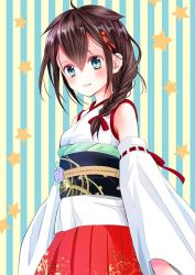 Rule 34 | 1girl, ahoge, blue eyes, blush, braid, breasts, brown hair, cosplay, detached sleeves, floral print, hair flaps, hair ornament, hair over shoulder, hair ribbon, ishida mia, japanese clothes, kantai collection, nontraditional miko, open mouth, remodel (kantai collection), ribbon, sash, shigure (kancolle), single braid, skirt, solo, star (symbol), striped, striped background, wide sleeves, yamashiro (kancolle), yamashiro (kancolle) (cosplay)