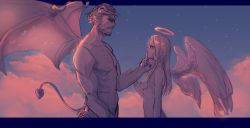 Rule 34 | 1boy, 1girl, angel, angel and devil, angel wings, arm hair, beard, breasts, chest hair, cloud, collarbone, demon boy, demon horns, demon tail, demon wings, facial hair, from side, halo, hand on another&#039;s chin, height difference, highres, horns, long hair, medium breasts, nipples, nude, original, pointy ears, popopoka, short hair, sketch, symbol-only commentary, tail, torn wings, wings