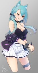 Rule 34 | 1girl, :q, animal ear fluff, animal ears, aoba (azur lane), aqua hair, azur lane, bare shoulders, black bow, black shirt, blush, bow, breasts, cleavage, collar, collarbone, commentary request, dated, earrings, fox ears, grey background, hair between eyes, hair ornament, highres, holding, holding pen, jacket, jewelry, looking at viewer, off shoulder, one-hour drawing challenge, pen, shirt, signature, simple background, skirt, smile, smug, solo, thigh strap, tongue, tongue out, twintails, twitter username, waa! okami, white skirt, yellow eyes