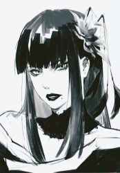 Rule 34 | 1girl, bare shoulders, blunt bangs, chinese commentary, collarbone, commentary request, final fantasy, final fantasy xiv, flower, frown, greyscale, hair flower, hair ornament, highres, hyur, lace collar, laoolo, long hair, looking at viewer, mole, mole under mouth, monochrome, off shoulder, parted lips, portrait, sidelocks, simple background, solo, straight hair, white background, yotsuyu goe brutus