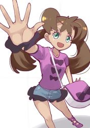 Rule 34 | 1girl, 34 (sanjushi), bag, breasts, brown hair, creatures (company), dark-skinned female, dark skin, game freak, green eyes, highres, long hair, looking at viewer, nintendo, one-hour drawing challenge, open mouth, pokemon, pokemon xy, quad tails, shauna (pokemon), shirt, shorts, simple background, smile, solo, twintails, white background