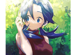 Rule 34 | 1girl, bare arms, blue eyes, blue hair, breasts, closed mouth, commentary request, creatures (company), day, eyelashes, flipped hair, game freak, hand up, kris (pokemon), large breasts, long hair, looking back, marutoko45, medium breasts, nintendo, outdoors, pokemon, pokemon adventures, red shirt, shirt, sleeveless, sleeveless shirt, solo, twintails, upper body