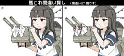 Rule 34 | 10s, 1girl, blunt bangs, brown eyes, brown hair, cannon, comic, commentary request, dual persona, expressionless, gomennasai, hatsuyuki (kancolle), holding, holding weapon, kantai collection, long hair, panties, panties on outside, rigging, sailor collar, sailor shirt, school uniform, serafuku, shirt, short sleeves, simple background, translated, underwear, weapon