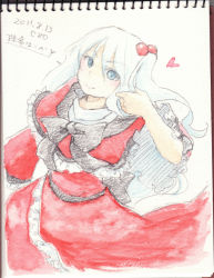 Rule 34 | 1girl, bad id, bad pixiv id, bow, capelet, dress, female focus, frills, hair bobbles, hair ornament, heart, long hair, mystic square, shinki (touhou), side ponytail, sketch, sketchbook, solo, tamaki hakobe, touhou, touhou (pc-98), traditional media, watercolor pencil (medium), white background, white hair, wide sleeves