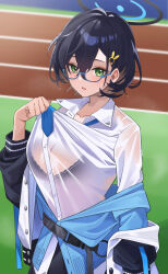 Rule 34 | 1girl, black bra, black hair, black skirt, blue-framed eyewear, blue archive, blue cardigan, blue necktie, bra, breasts, cardigan, chihiro (blue archive), collared shirt, glasses, green eyes, hair between eyes, halo, highres, jacket, large breasts, looking at viewer, multicolored clothes, multicolored jacket, necktie, open mouth, see-through, see-through shirt, shirt, short hair, skirt, soar sora222, solo, swept bangs, two-tone jacket, underwear, upper body, wet, wet clothes, wet shirt, white shirt