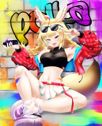 Rule 34 | 1girl, absurdres, animal ears, armpits, bare shoulders, blonde hair, braid, breasts, crop top, cropped jacket, graffiti, heart, heart-shaped pupils, highres, hololive, large breasts, legs, long hair, long sleeves, mee don, midriff, navel, nepolabo, off shoulder, omaru polka, open mouth, pleated skirt, purple eyes, shoes, sitting, skirt, smile, sneakers, socks, solo, spray can, spray paint, sunglasses on head, symbol-shaped pupils, teeth, tongue, tongue out, twin braids, upper teeth only, virtual youtuber, white skirt, white socks