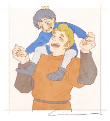 Rule 34 | 2boys, ^ ^, black hair, blonde hair, blue shirt, blue tunic, blush, bojji, boots, border, brown shirt, carrying, child, cinema (cinema rok), closed eyes, commentary request, crown, grey footwear, hands up, happy, highres, hokuro, holding hands, laughing, layered sleeves, long sleeves, male focus, mini crown, mole, mole under eye, multiple boys, open mouth, ousama ranking, pants, red tunic, round teeth, shirt, short hair, short over long sleeves, short sleeves, shoulder carry, signature, simple background, smile, teeth, tongue, tunic, upper teeth only, white border, white pants, yellow background