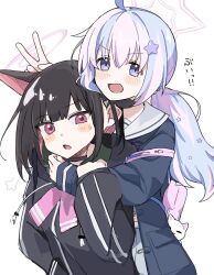Rule 34 | 0ver sd, 2girls, :d, :o, ahoge, animal ears, backpack, bag, black choker, black hair, black jacket, blue archive, blue hair, blue jacket, blush stickers, bunny ears prank, cat ears, cat girl, choker, grey skirt, halo, hand on another&#039;s chest, jacket, kazusa (blue archive), long hair, looking at viewer, low ponytail, multicolored hair, multiple girls, neck ribbon, open clothes, open jacket, open mouth, pink eyes, pink hair, pink ribbon, pleated skirt, purple eyes, reisa (blue archive), ribbon, sailor collar, school uniform, serafuku, simple background, skirt, smile, strap slip, striped clothes, striped jacket, two-tone hair, v, v-shaped eyebrows, white background, white sailor collar