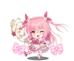 Rule 34 | 1girl, ;d, @ @, animal ears, apron, bear ears, bettle (b s a n), bow, chibi, dress, frilled dress, frills, hair between eyes, himekuma ribon, maid apron, monster company, official art, one eye closed, open mouth, pink bow, pink dress, pink footwear, pink hair, red eyes, smile, striped clothes, striped thighhighs, stuffed animal, stuffed toy, teddy bear, thighhighs, two side up, virtual youtuber, white background