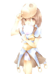 Rule 34 | 1girl, archer (ragnarok online), armored skirt, belt, blue shirt, brown eyes, brown hair, commentary request, cotton candy, cowboy shot, eating, food, goblin mask, hair between eyes, holding, holding food, looking at viewer, lunaraven, mask, mask on head, medium hair, muneate, ragnarok online, shirt, short sleeves, simple background, white background