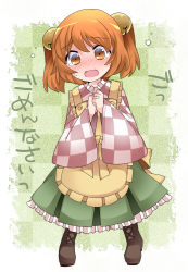 Rule 34 | 1girl, apron, bell, blush, boots, checkered background, checkered clothes, checkered shirt, cross-laced footwear, hammer (sunset beach), jingle bell, looking at viewer, matching hair/eyes, motoori kosuzu, open mouth, orange eyes, orange hair, shirt, short hair, skirt, solo, tears, text focus, touhou, translation request, two side up