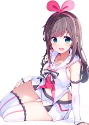 Rule 34 | 1girl, :d, arm support, black bow, blue eyes, blush, bow, breasts, brown hair, chikuwa., commentary request, detached sleeves, hair ribbon, hairband, kizuna ai, kizuna ai inc., lace, lace-trimmed legwear, lace trim, long hair, long sleeves, looking at viewer, medium breasts, multicolored hair, navel, open mouth, pink hair, pink hairband, pink ribbon, ribbon, round teeth, sailor collar, shadow, shirt, short shorts, shorts, sleeveless, sleeveless shirt, sleeves past wrists, smile, solo, streaked hair, striped, striped bow, teeth, thigh gap, thighhighs, upper teeth only, very long hair, virtual youtuber, white background, white sailor collar, white shirt, white shorts, white thighhighs