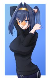 Rule 34 | absurdres, black shirt, blouse, blue eyes, blue hair, breasts, glasses, gold hairband, hair intakes, hairband, highres, hololive, hololive english, looking at viewer, mouth hold, ouro kronii, shirt, simple background, teeth hold, turtleneck, tying hair, virtual youtuber, zenya