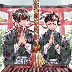 2boys ace_attorney black_hair blue_scarf box brown_eyes closed_eyes donation_box green_kimono hakama headband highres japanese_clothes kazuma_asogi kimono kon_523104 looking_at_another male_focus multiple_boys outdoors own_hands_clasped own_hands_together praying red_headband red_scarf ryunosuke_naruhodo scarf shirt short_hair small_sweatdrop smile striped_clothes striped_scarf the_great_ace_attorney tree white_shirt