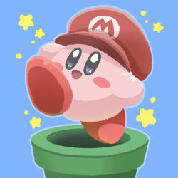 Rule 34 | :d, aruco co, blue background, blue eyes, blue outline, blush, blush stickers, commentary request, full body, hat, highres, kirby, kirby (series), looking at viewer, mario (series), nintendo, no humans, open mouth, outline, partial commentary, red hat, simple background, smile, solo, star (symbol), warp pipe