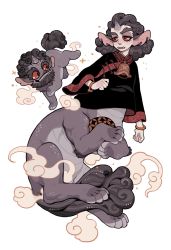Rule 34 | 1other, animal, animal ears, bell, between legs, bracelet, chinese clothes, chinese commentary, colored sclera, colored skin, creature, curly hair, floating, full body, grey fur, grey hair, grey horns, grey skin, highres, horns, jewelry, juanmao, komainu, komainu ears, long sleeves, looking at animal, medium hair, multicolored skin, neck bell, open mouth, original, red eyes, red sclera, simple background, single horn, solo, tail, tail between legs, taur, thick eyebrows, tusks, white background, whorled clouds, wide sleeves
