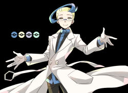 Rule 34 | 1boy, black background, blonde hair, blue hair, colress (pokemon), commentary request, cowboy shot, creatures (company), game freak, glasses, gloves, lab coat, male focus, misooo 2j, multicolored hair, nintendo, pokemon, pokemon bw2, solo, two-tone hair, white gloves, yellow eyes