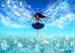 Rule 34 | 1girl, bare legs, barefoot, black hair, cityscape, cloud, giant, giantess, highres, long hair, midriff, navel, original, outstretched arms, red eyes, school uniform, sky, smile, solo, academic test, test paper, test results, test score, ueda takashi, wings