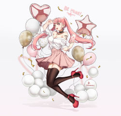 Rule 34 | 1girl, alternate costume, artist name, balloon, black thighhighs, bracelet, breasts, choker, cleavage, earrings, english text, female focus, fire emblem, fire emblem: three houses, full body, high heels, highres, hilda valentine goneril, jewelry, long hair, matching hair/eyes, nail polish, necklace, nintendo, open mouth, pink eyes, pink hair, pink skirt, pleated skirt, red footwear, ring, skirt, smile, solo, stiletto heels, tattoo, thighhighs, twintails, twitter username, v, valentine, zedoraart, zettai ryouiki