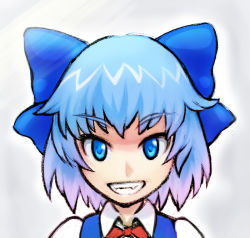 Rule 34 | 1girl, bad id, bad pixiv id, blue eyes, blue hair, bow, cirno, embodiment of scarlet devil, fang, female focus, grin, hair bow, matching hair/eyes, multicolored hair, portrait, short hair, smile, solo, tenshiu, touhou