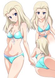 Rule 34 | 10s, 1girl, ass, bad id, bad twitter id, bikini, blue bikini, blue eyes, breasts, clara (girls und panzer), cleavage, front-tie bikini top, front-tie top, gin&#039;you haru, girls und panzer, hand on own chest, head tilt, highres, inactive account, light brown hair, long hair, lying, medium breasts, navel, parted bangs, simple background, smile, swimsuit, white background