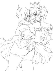 Rule 34 | armlet, borrowed character, bowsette, bracelet, breasts, clothes lift, collar, dress, dress lift, elhmk1, fang, greyscale, twirling hair, highres, horns, jewelry, large breasts, mario (series), monochrome, new super mario bros. u deluxe, nintendo, panties, ponytail, solo, spiked armlet, spiked bracelet, spiked collar, spiked shell, spikes, super crown, thighhighs, underwear