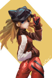 Rule 34 | 10s, 1girl, animal ears, animal hat, ass, badge, black hat, bodysuit, bracer, breasts, button badge, cabbie hat, cat hat, closed mouth, cowboy shot, evangelion: 3.0 you can (not) redo, eyepatch, fake animal ears, floating hair, from behind, frown, gloves, gluteal fold, hair over one eye, hand in pocket, hand up, hat, hat ornament, hat tip, highres, jacket, legs apart, long hair, long sleeves, looking at viewer, looking back, neon genesis evangelion, orange background, orange hair, pilot suit, plugsuit, ranhao2181547, rebuild of evangelion, red jacket, serious, signature, single vertical stripe, sketch, skin tight, small breasts, solo, souryuu asuka langley, standing, tape, track jacket, two-tone background, white background