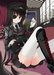 Rule 34 | 1girl, armband, black hair, blush, boots, couch, cross-laced footwear, eyepatch, gloves, hat, high heel boots, high heels, lace-up boots, long hair, looking at viewer, military, military uniform, necktie, original, red eyes, riding crop, shoes, sitting, skirt, solo, takashina masato, thighhighs, uniform, white gloves, white thighhighs, zettai ryouiki