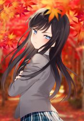 Rule 34 | 1girl, achiki, blue eyes, blue skirt, blurry, blurry background, blush, brown hair, closed mouth, commentary request, crossed arms, fingernails, from side, frown, grey jacket, jacket, leaf, long hair, long sleeves, looking at viewer, maple leaf, original, outdoors, plaid, plaid skirt, sidelocks, skirt, trail, upper body, v-shaped eyebrows