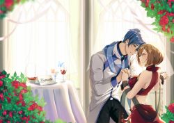 Rule 34 | absurdres, blue eyes, brown hair, bug, butterfly, coat, cocktail glass, couple, cup, drinking glass, flower, forehead-to-forehead, heads together, highres, holding hands, indoors, insect, kaito (vocaloid), kaito (vocaloid3), meiko (vocaloid), meiko (vocaloid3), rose, scarf, short hair, sleeveless, smile, table, tablecloth, vocaloid, window, wine glass, wrist cuffs, yen-mi