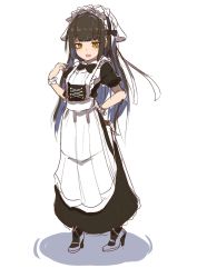 Rule 34 | 1girl, apron, black bow, black hair, blunt bangs, bow, bowtie, brown eyes, full body, hand up, high heels, imouto meido, long hair, maid, maid headdress, official art, open mouth, scrunchie, short sleeves, simple background, sketch, solo, standing, very long hair, white background, wrist scrunchie