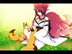Rule 34 | 1girl, amatsugi (konshin), animal, animal ears, blue eyes, breasts, cleavage, detached sleeves, fox, fox ears, fox tail, gradient hair, grey eyes, hair over one eye, inari, jewelry, konshin, large breasts, letterboxed, multicolored hair, multiple tails, necklace, original, outdoors, pink hair, red hair, solo, tail