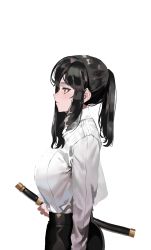 Rule 34 | 1girl, absurdres, arm at side, bad id, bad pixiv id, black eyes, black hair, black skirt, breasts, closed mouth, commentary request, extra ears, from side, highres, holding, ihobus, korean commentary, large breasts, long hair, long sleeves, looking away, original, pencil skirt, ponytail, profile, sheath, shirt, shirt tucked in, sidelocks, simple background, skirt, solo, white background, white shirt