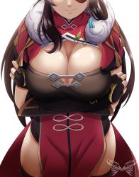 Rule 34 | 1girl, arms under breasts, beidou (genshin impact), black gloves, breasts, brown hair, china dress, chinese clothes, cleavage, cleavage cutout, clothing cutout, colored eyepatch, crossed arms, dress, eyepatch, fingerless gloves, genshin impact, gloves, head out of frame, highres, large breasts, one eye covered, pelvic curtain, remchi301, smile, thighhighs, thighs, white background