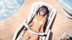 Rule 34 | 1girl, absurdres, artist name, bikini, black hair, blurry, blurry background, breasts, chair, collarbone, commission, dreizerel, highres, holding, k-on!, long hair, lounge chair, lying, nakano azusa, navel, nipples, on back, pink bikini, sidelocks, small breasts, solo, sunbathing, sunglasses, swimsuit, tan, tanline, topless, twintails, watermark