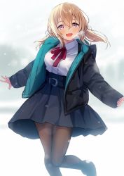 Rule 34 | 1girl, belt, belt buckle, black pantyhose, black skirt, blonde hair, bloom, blurry, blush, bokeh, bow, bowtie, breasts, buckle, depth of field, hair between eyes, hair bow, jacket, kagawa ichigo, large breasts, long hair, long sleeves, looking at viewer, nail polish, open clothes, open jacket, open mouth, original, pantyhose, pink eyes, red bow, red bowtie, red ribbon, ribbon, shirt, short twintails, skirt, smile, snow, solo, twintails, white bow, white shirt