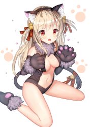 Rule 34 | 1girl, :o, alternate breast size, ame sagari, animal ear fluff, animal ears, animal hands, bare legs, bare shoulders, bell, black leotard, breasts, brown hair, cameltoe, cat ears, cat tail, center opening, cleavage, fate/kaleid liner prisma illya, fate (series), gloves, hair ribbon, hairband, illyasviel von einzbern, jingle bell, leotard, long hair, looking at viewer, medium breasts, navel, official alternate costume, open mouth, paw gloves, paw print, paw print background, red eyes, ribbon, solo, stomach, tail, tail ornament, tail ribbon, two side up, white background